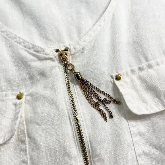 Ellen Tracy Linen Pullover Tunic Blouse White Sz L Half Zip Roll Tab Sleeves - Picture 8 of 12